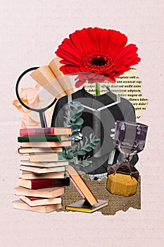 Vertical collage artwork of headless person gerbera flower romantic novels lover has hourglass time limit isolated on