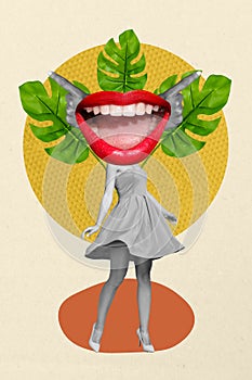 Vertical collage of black white colors girl mini dress high heels dancing big mouth red lips instead head plant leaves
