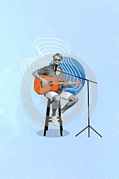 Vertical collage of cheerful cool guy sitting bar chair singer karaoke microphone play musician acoustic guitar isolated