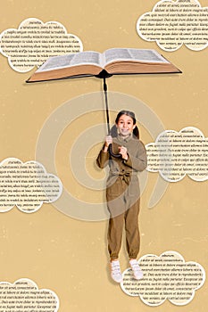 Vertical collage on cheerful excited small girl arm hold umbrella book air fly text clouds sky isolated on creative