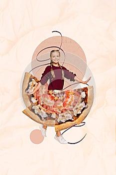 Vertical collage creative illustration beautiful lovely happy young lady child preteen food pizza skirt abstract pizza
