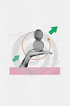 Vertical collage creative illustration black white filter human hand hold money coin repeat growth income up doodle