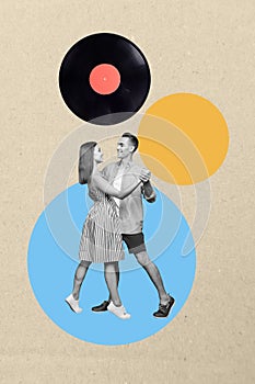 Vertical collage creative illustration happy lovely young couple retro date dance together nightclub vinyl circle beige