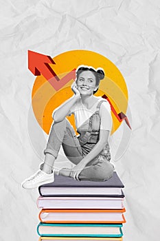 Vertical collage creative illustration image black white effect beautiful smile dreamy young girl sit book education