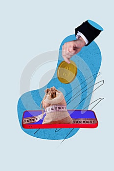 Vertical collage creative illustration image hand put hold saving money gadget mobile measure bag centimeters exclusive