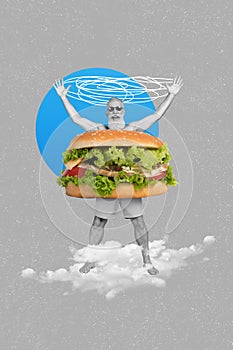 Vertical collage creative picture image monochrome effect excited happy funny old man raised hand hamburger gigantic