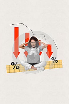 Vertical collage creative poster beautiful shocked despair young lady hold head lose balance emoney fall percentage down