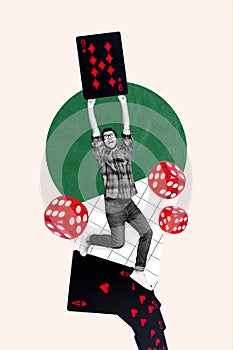 Vertical collage creative poster black white filter excited cheerful positive young man hold card poker gambling