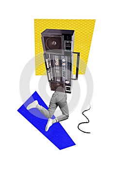 Vertical collage creative poster black white filter half human jump fly stereo oldschool party tape doodle sketch figure