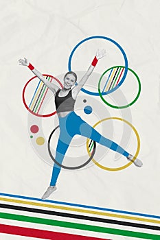 Vertical collage creative poster crazy cheerful young lady stretch jump pilate athletic lifestyle tape colorful white