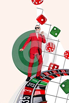 Vertical collage creative poster excited cheerful positive elder man dance sketch dice poker casino game player