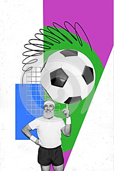 Vertical collage creative poster monochrome effect excited happy joyful man pensioner sportsuit hold finger ball