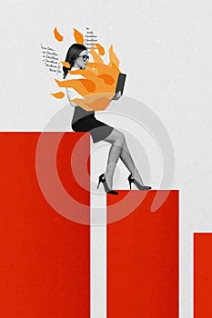 Vertical collage creative poster monochrome effect serious businesslike bossy lady hold work laptop startup white