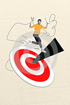 Vertical collage of delighted black white colors mini guy jump hold string arrow pointer big darts board target isolate