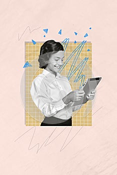 Vertical collage design illustration of funny cute schoolboy wear uniform hold tablet ereader device user isolated on