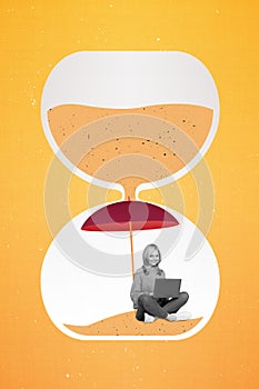 Vertical collage drawing image of woman sitting inside hour glass sand under parasol black white colors use wireless