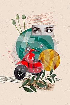 Vertical collage female eyes image vintage moped ride transport to start journey in wild nature isolated on beige color