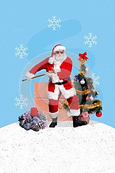 Vertical collage of funky excited granddad santa hold stick dancing decorated newyear tree isolated on drawing