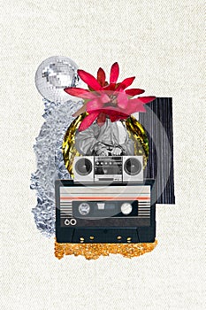 Vertical collage of headless person pink flower person holding boombox at theme concert party discotheque isolated on