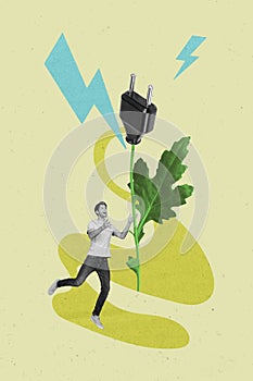 Vertical collage illustration of funny young guy holding green energy plant electricity adapter unplugged isolated on