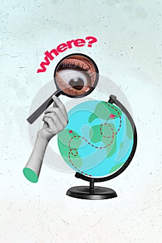 Vertical collage illustration of globe planet earth observation huge big eye isolated on drawing color background