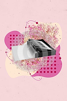 Vertical collage illustration of vintage retro audio music tape cassette fresh flowers isolated on creative background