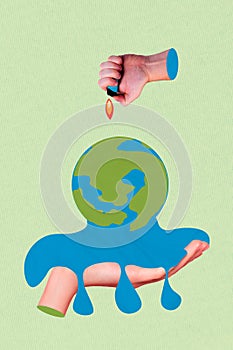Vertical collage image of arm hold lighter flame melt planet earth globe global warming problem isolated on creative
