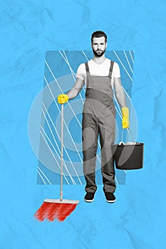Vertical collage image of black white effect cleaning guy hold mop bucket isolated on painted paper blue background