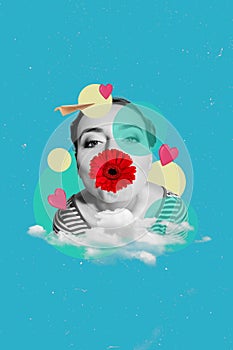 Vertical collage image of black white effect girl kiss flower cover lips flying paper plane clouds sky isolated on blue