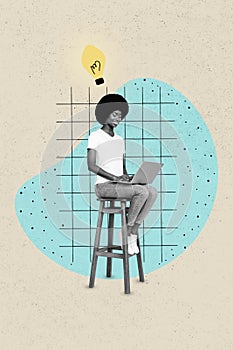 Vertical collage image of black white effect girl sit chair use netbook painted light bulb bright idea isolated on