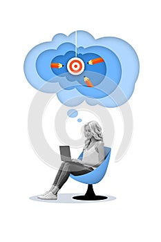 Vertical collage image of black white effect girl sitting chair use netbook mind cloud bubble darts target board pencil