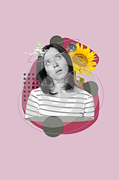 Vertical collage image of black white effect minded girl contemplate light bulb clouds moon big sunflower isolated on