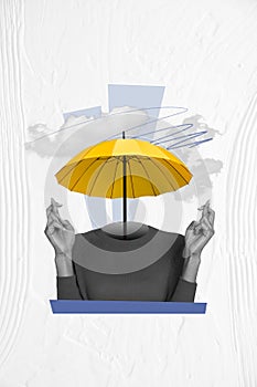 Vertical collage image of black white effect person umbrella instead head crossed fingers clouds sky isolated on painted