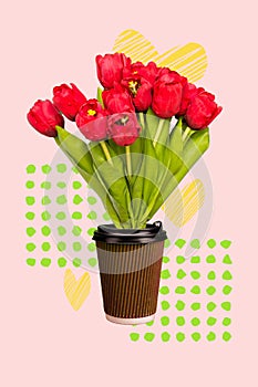 Vertical collage image of bouquet fresh tulips flowers coffee cup instead vase isolated on creative background