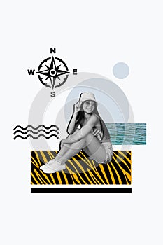Vertical collage image of cheerful black white colors cheerful girl ocean water compass isolated on creative white