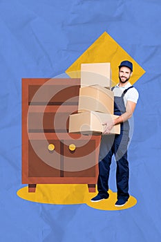 Vertical collage image of cheerful delivery man arms hold pile stack carton boxes furniture drawer isolated on creative