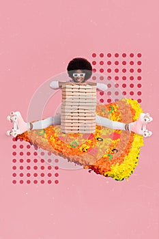 Vertical collage image of cheerful mini girl sit huge pizza slice pile stack carton boxes isolated on drawing pink