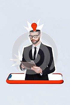 Vertical collage image of corporate man use tablet inside huge telephone display light bulb head isolated on creative