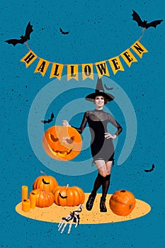 Vertical collage image of enchant girl hold carved pumpkin flying bats halloween flags skeleton arm isolated on painted