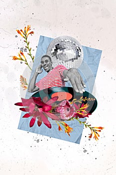 Vertical collage image of excited black white gamma guy dj spin vintage vinyl record disco ball fresh flowers isolated