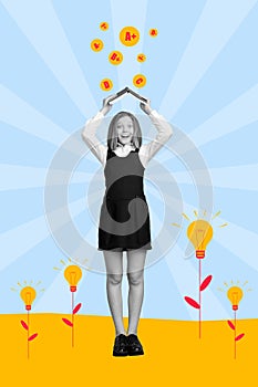 Vertical collage image of excited happy girl black white gamma hands hold book above head drawing grades light bulb