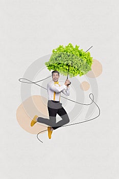 Vertical collage image of funky happy guy flying air hold imaginary green pasol isolated on drawing background