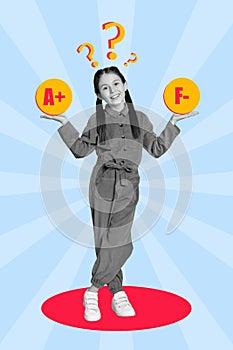 Vertical collage image of happy smiling girl black white gamma arms hold A F grades compare drawing question mark above
