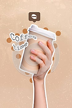 Vertical collage image of human arm hold plastic cup coffee time text isolated on drawing creative background