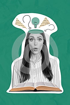 Vertical collage image of impressed black white gamma girl pouted lips head piece text paper question mark light bulb