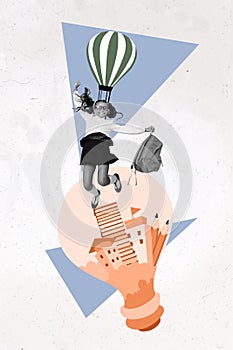 Vertical collage image of little funny girl black white colors hold rucksack flying balloon painted light bulb buildings