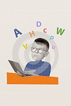 Vertical collage image of minded black white effect kid use netbook brainstorming letters isolated on painted background