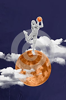 Vertical collage image of mini black white effect girl hands hold throw basketball stand huge full moon clouds sky