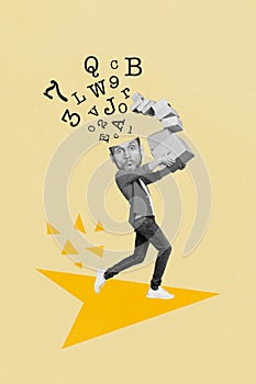 Vertical collage image of mini black white effect guy hold stack carton boxes falling letters numbers inside big head