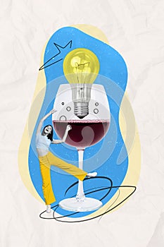 Vertical collage image of mini excited black white colors girl dance huge light bulb inside wine glass isolated on